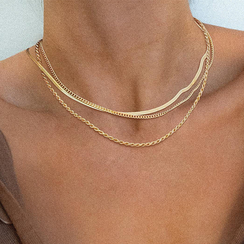 Colar de 3 Camadas Ouro 18k - Colar Herringbone, Corrente Choker, Cordão Baiano