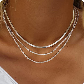 Colar de 3 Camadas Prata - Colar Herringbone, Corrente Choker, Cordão Baiano