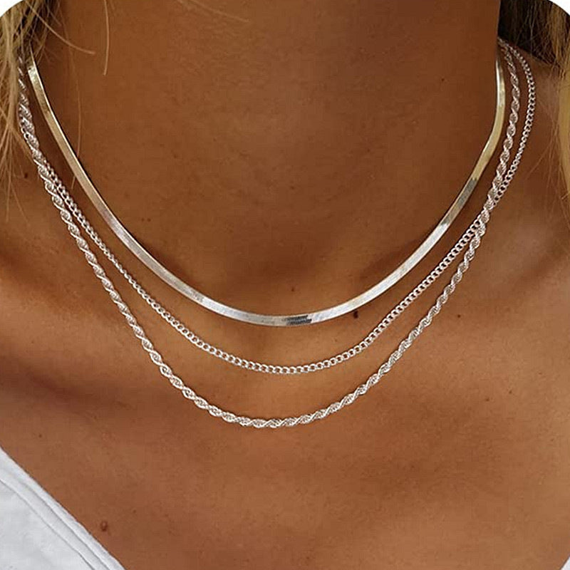 Colar de 3 Camadas Prata - Colar Herringbone, Corrente Choker, Cordão Baiano