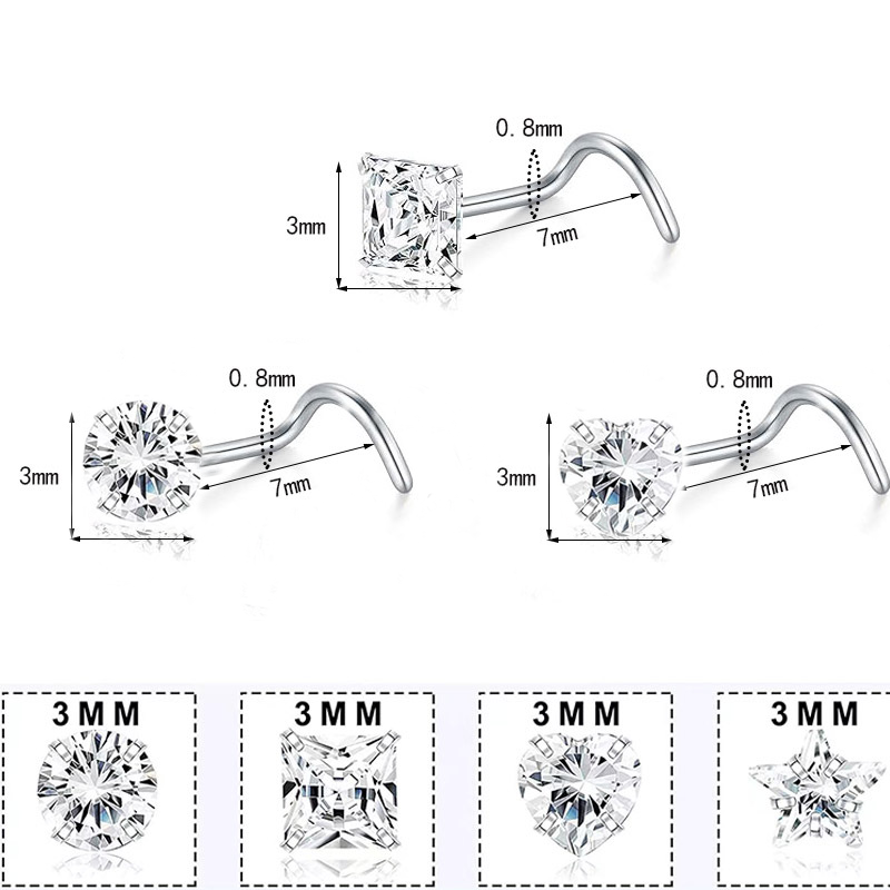 Piercing Nostril de Nariz Zircônia 5A de 3mm em Aço Inoxidável Cirúrgico