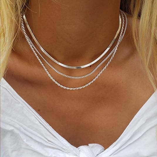 Colar de 3 Camadas Prata - Colar Herringbone, Corrente Choker, Cordão Baiano