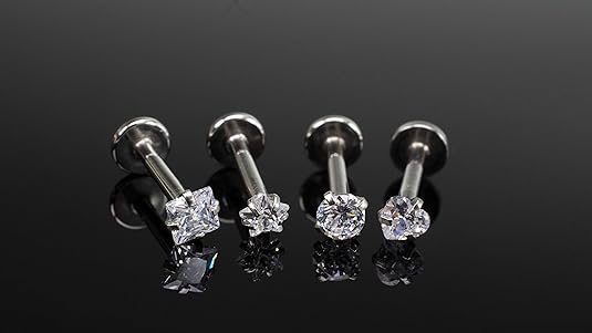 4pcs Piercing Tragus Flat Helix Labret Ponto de Luz com Zirconia 3mm em Titânio