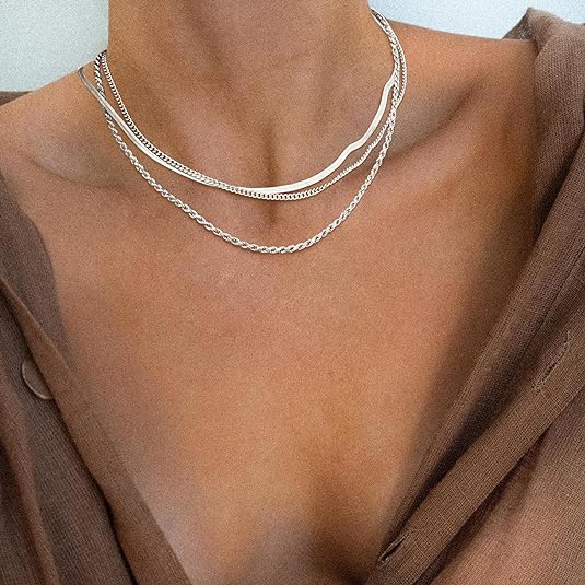 Colar de 3 Camadas Prata - Colar Herringbone, Corrente Choker, Cordão Baiano